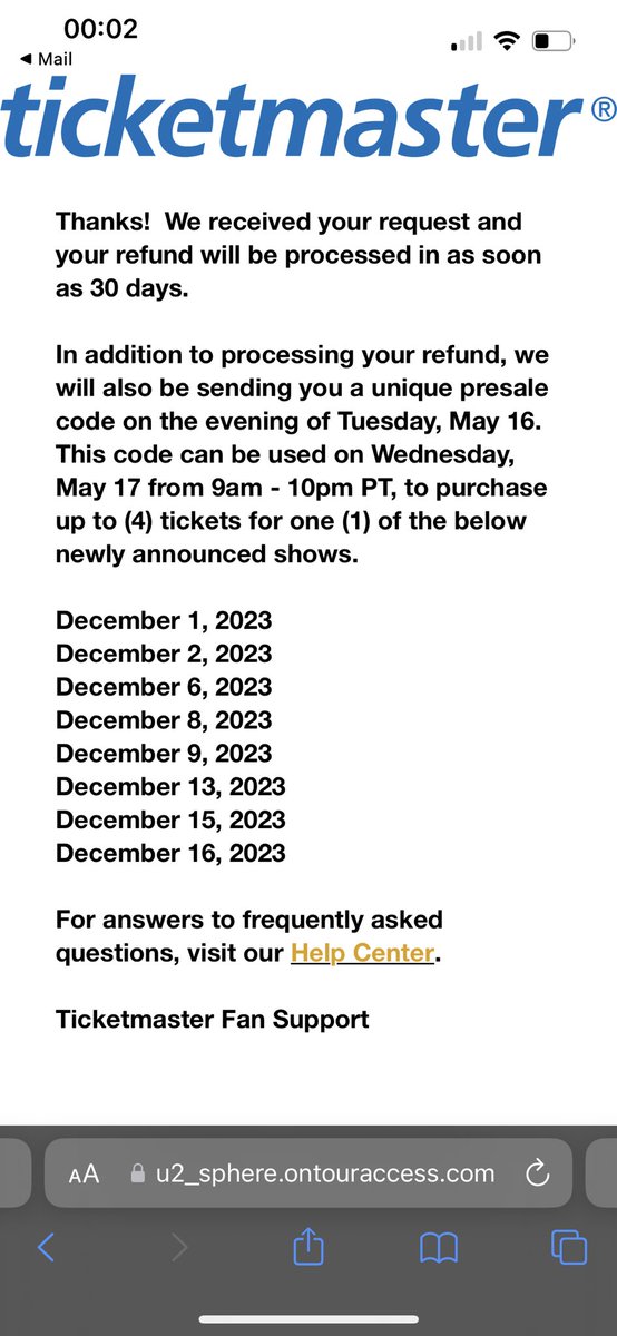 ulaire_one's tweet photo. @EALMuskoka @u2songs @U2 Did you get an email confirmation of the refund being processed? I never got the presale code or any confirmation, other than the one offer competing the form. #U2sphere https://t.co/Rh7oRYsbJc