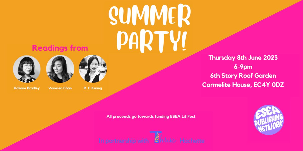 SUMMER PARTY alert! 

🌟✨🌟✨🌟✨
All-star line-up <a href="/ka_bradley/">screwball comedienne កល្យាណ</a>, <a href="/vanjchan/">Vanessa Chan</a> &amp; <a href="/kuangrf/">Rebecca F. Kuang</a> 

🌺 Roof garden
🍹 ESEA drinks &amp; snacks
📚 Proof giveaways 
🏆 Raffle