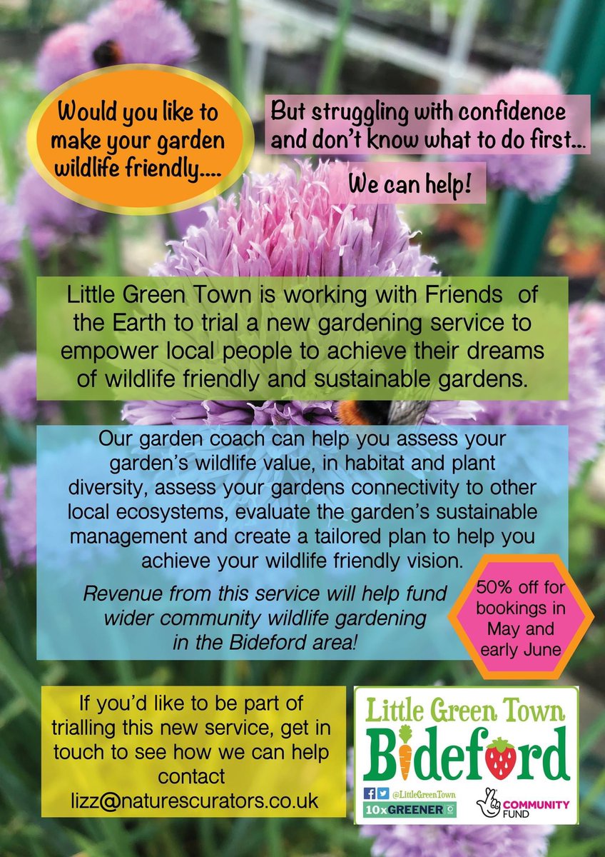 We are excited to be working with Friends  of the Earth to trial a new gardening service to empower local people to achieve their dreams of wildlife friendly and sustainable gardens. Please get in touch if your interested and share this post to help spread the word 
#bideford