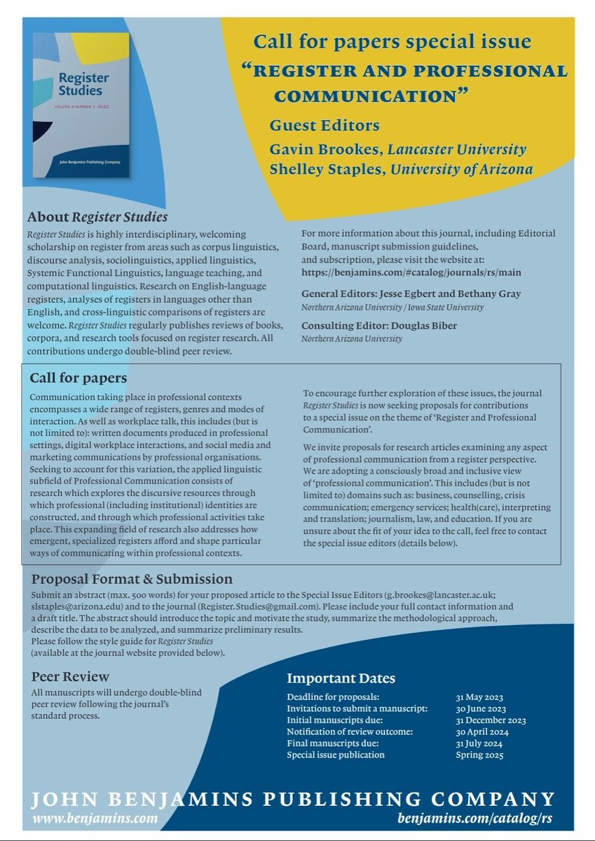 🚩🚩🚩 Register Studies Special Issue 🚩🚩🚩
 Just 13 days left to submit your abstract for the special issue on register and professional communication edited by <a href="/GavinBrookes26/">Gavin Brookes</a> and @StaplesShelley