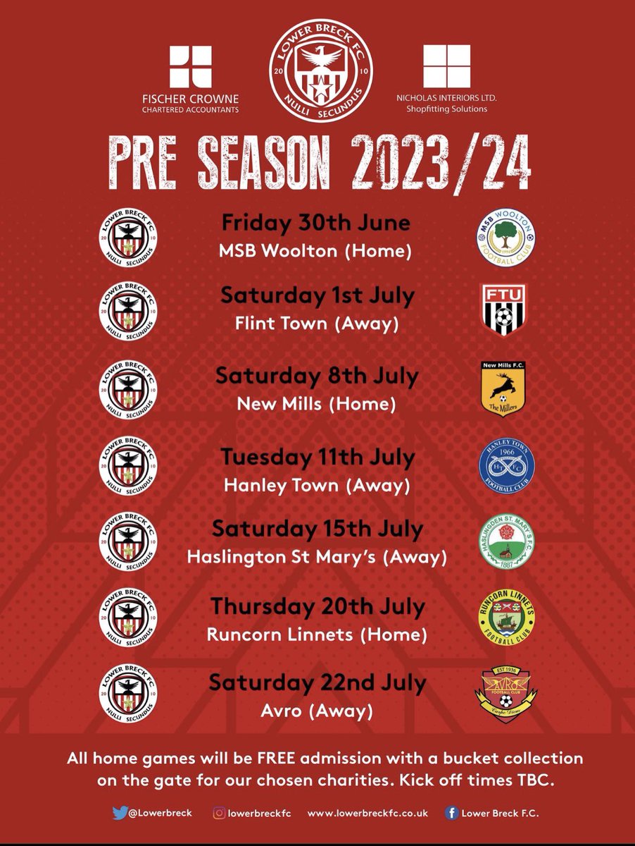 2023/24 Pre Season Fixtures now in hand..With five first time meetings and our yearly game with <a href="/AvroFC/">Avro FC</a> pencilled in it’s a cracking pre season schedule…All home games Free admission as per usual, KO times to be announced ASAP…Can you hear it,it’s getting closer…UTB…⚽️