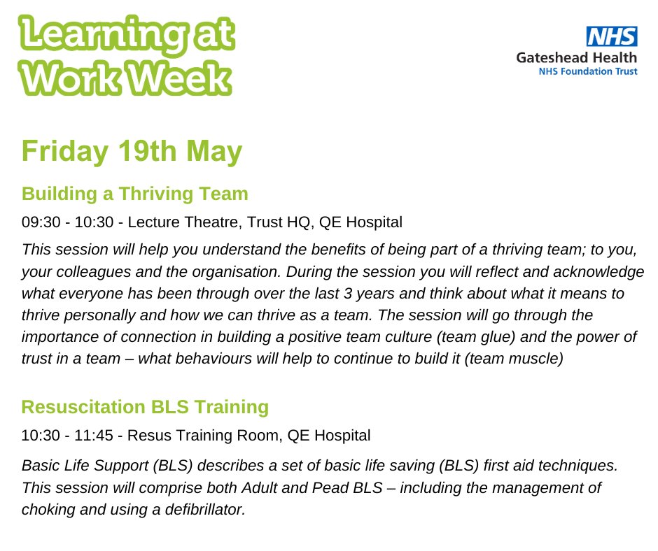 We're nearing the end of #LearningatWorkWeek and we've had some brilliant sessions so far. 

Tomorrow we have spaces on both Building a Thriving Team and Resuscitation BLS Training. If you'd like to attend either, just let us know!