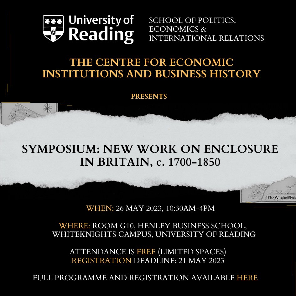Only a few days left to register for the symposium 'New work on enclosure in Britain, c. 1700-1850', which will be hosted by the Centre for Economic Institutions and Business History on 26 May 2023! Please join and share! The programme is available here: forms.office.com/e/L38wa9iYw1