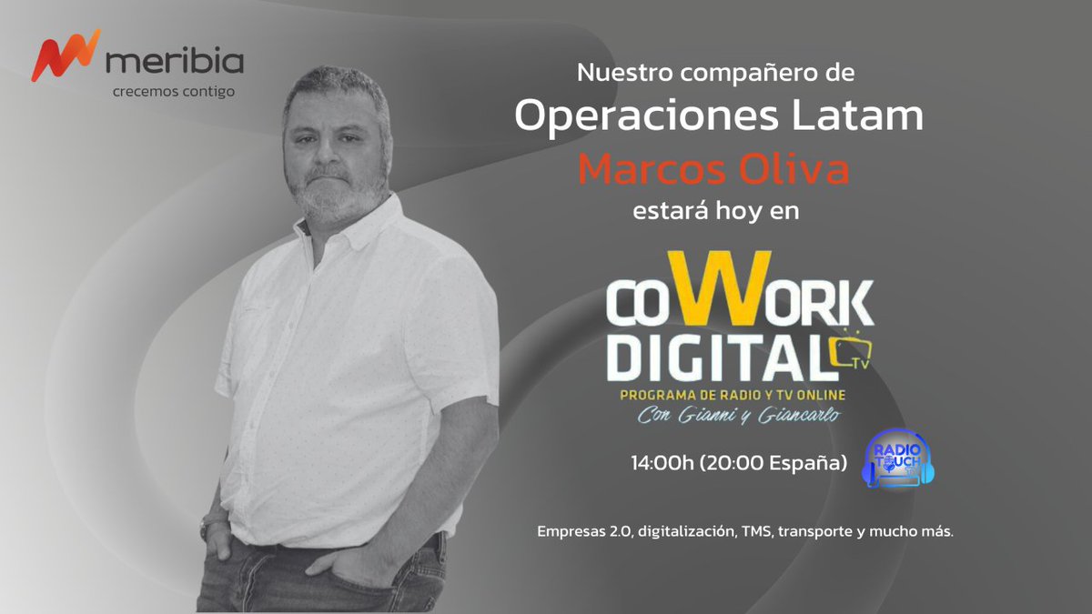 Meribiasoftware's tweet photo. En unas horas @MarcosOlivaF (Meribia Latam) estará en directo con @gcontenla para hablar sobre el papel de Meribia como TMS en el rubro de transporte.
Os esperamos a todos a las 14:00 h Chile (20:00h España) en @radiotouchtv
#MeribiaTMS #APLOG #Latam #softwaredegestion https://t.co/wwNgiIxcbY