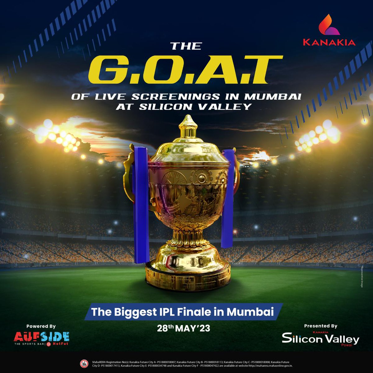 AufSideHotfut's tweet photo. Experience an electrifying evening and the adrenaline rush of IPL Final at our live screening event at Silicon Valley, Powai. With the biggest screen in Mumbai, get in on the high-intensity Cricketing action 🏆

#IPL2023 #IPLFinalScreening #Aufside #Kanakia #KanakiaGroup https://t.co/kWe86dYLBZ