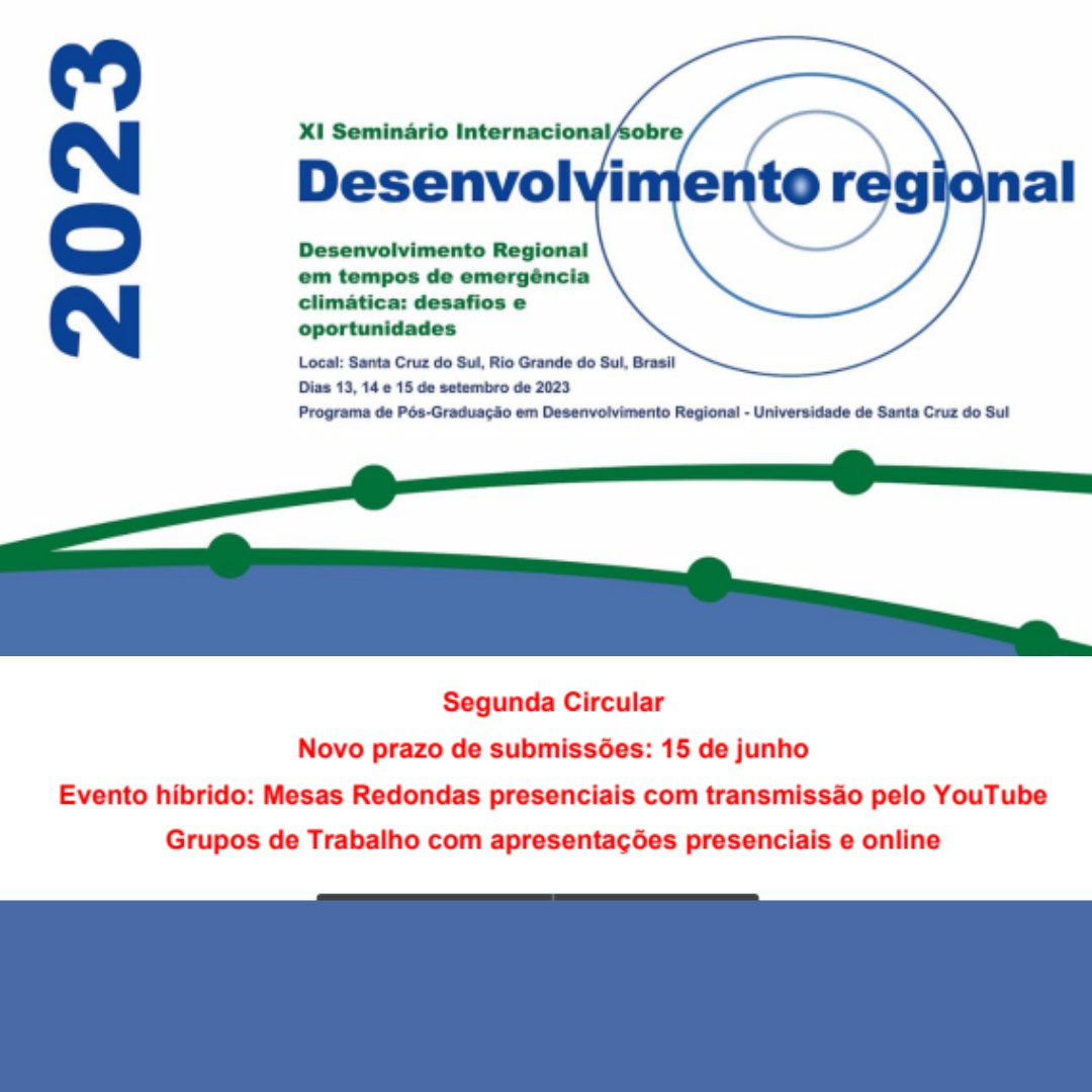 📢 XI Seminário Internacional sobre Desenvolvimento Regional

⏰ Novo prazo para as submissões: 15 de Junho

#ippur #ufrj
