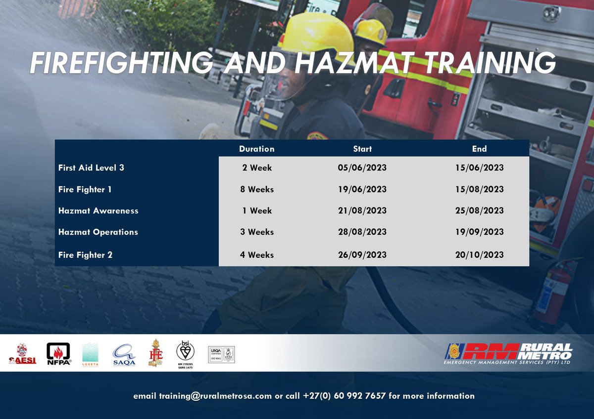 Calling all aspiring firefighters! 

Don't miss out on our upcoming professional firefighter training course starting in June 2023. Secure your spot today.

Register now at ruralmetro.co.za or email us at training@ruralmetrosa.com. 

#FirefighterTraining #CareerOpportunity