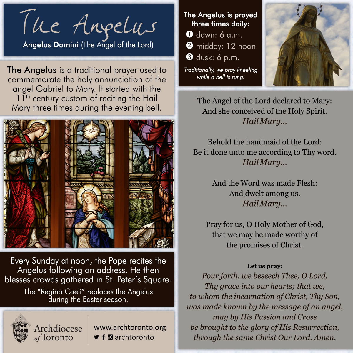 Infographic: The #Angelus is a traditional prayer used to commemorate the holy #annunciation of the angel Gabriel to Mary. It started with the 11th century custom of reciting the Hail Mary three times during the evening bell. #MonthofMary