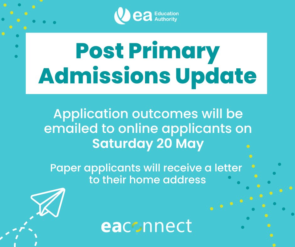 The outcome of Post Primary applications will be sent this Saturday 20 May.

📫 If you applied online or provided an email on your paper application, you will receive an email from EA. 

📩 Paper applicants who did not provide an email will receive a letter. 

#EAadmissions