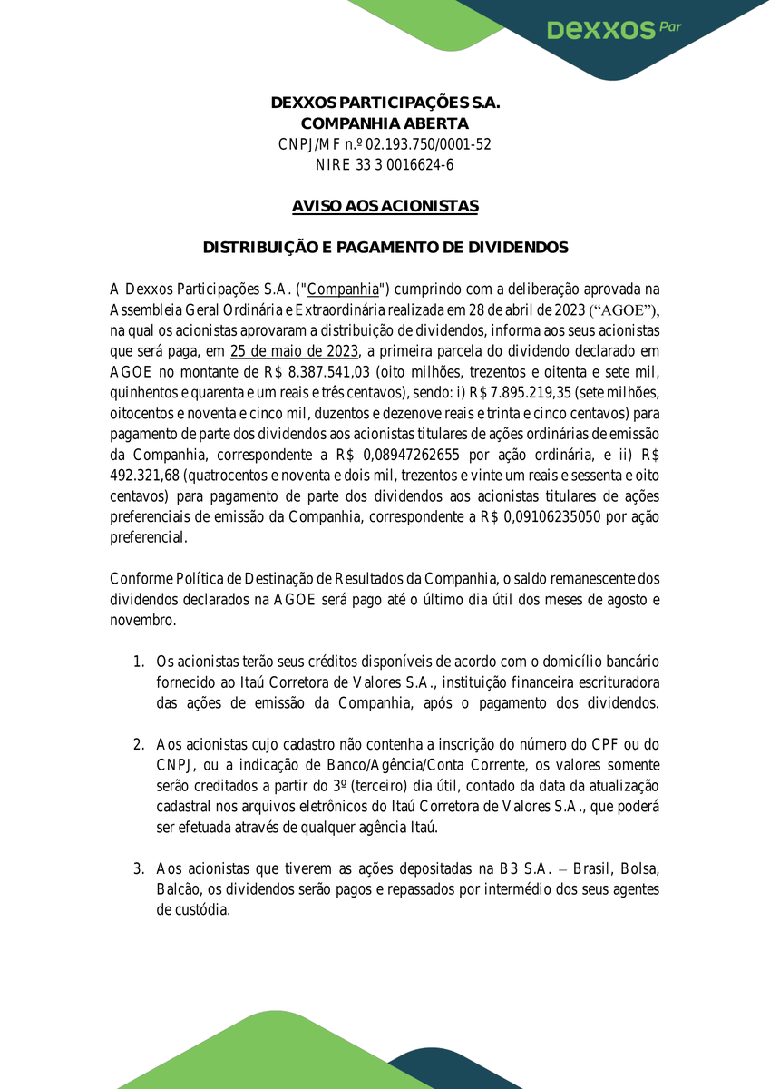 CalixtoCapital's tweet photo. #DEXP | DEXXOS PAR | Aviso aos Acionistas https://t.co/3qh4wwuf3W