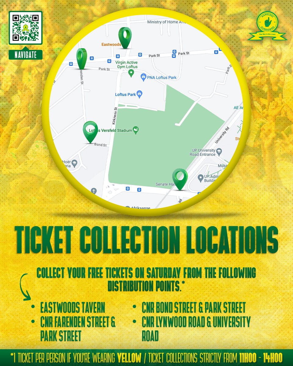 Masandawana's tweet photo. Masandawana, collect your FREE ticket at the following distribution points on Saturday from 11 am to 2 pm strictly 🚨 Remember, it's one ticket per supporter! 👆

🎫 Ticket Distribution Points:
⿡- Eastwoods Tavern
⿢- Cnr Farenden Street & Park Street
⿣- Cnr Bond Street & Farenden Street
⿤- Cnr Lynwood Road & University Road

📲 Scan the QR Code or head to the link in our bio for EASY navigation to our collection points!

#Sundowns #Rabatsena