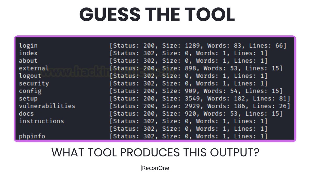 ReconOne_bk's tweet image. We&apos;ve returned for another round of our #InfosecTools challenge!

Can you identify the tool that generated this output? 

Drop your guesses below 👇👇

#bugbountytools #skills #cybersecurity