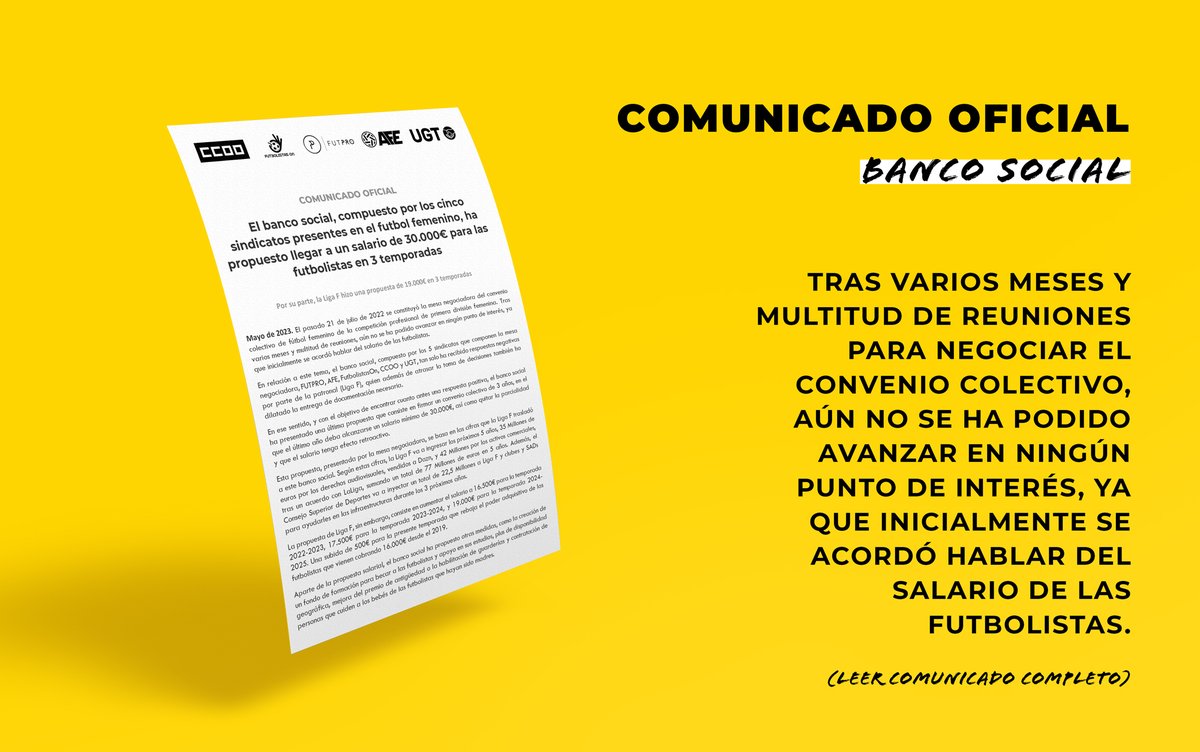 🚨COMUNICADO OFICIAL🚨

El banco social, compuesto por los cinco sindicatos presentes en el futbol femenino, ha propuesto llegar a un salario de 30.000€ para las futbolistas en 3 temporadas.

#futfemsalariodigno #futfemconveniocolectivo #futpro