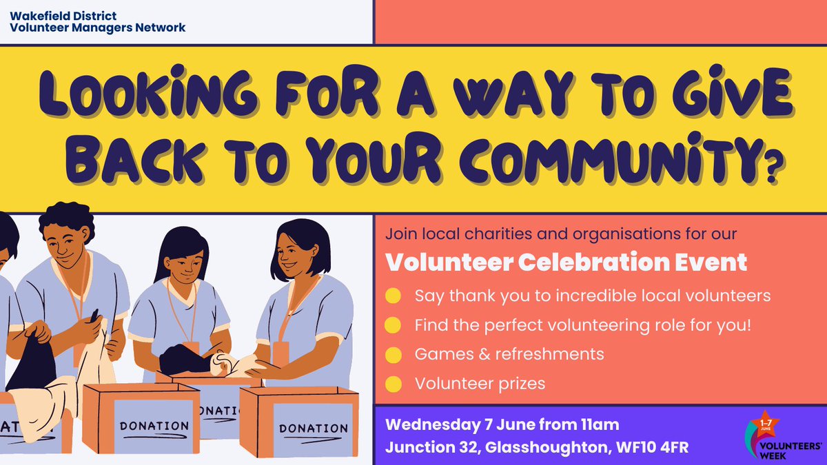🌟 IT'S CELEBRATION TIME 🌟 

We want to see you at the Wakefield District Volunteer Celebration Event on Wednesday 7 June at Junction 32! Thank amazing local volunteers &amp; learn how you give back to your community 🫂 #VolunteersWeek

Find more details ➡️ bit.ly/3Btzp6v