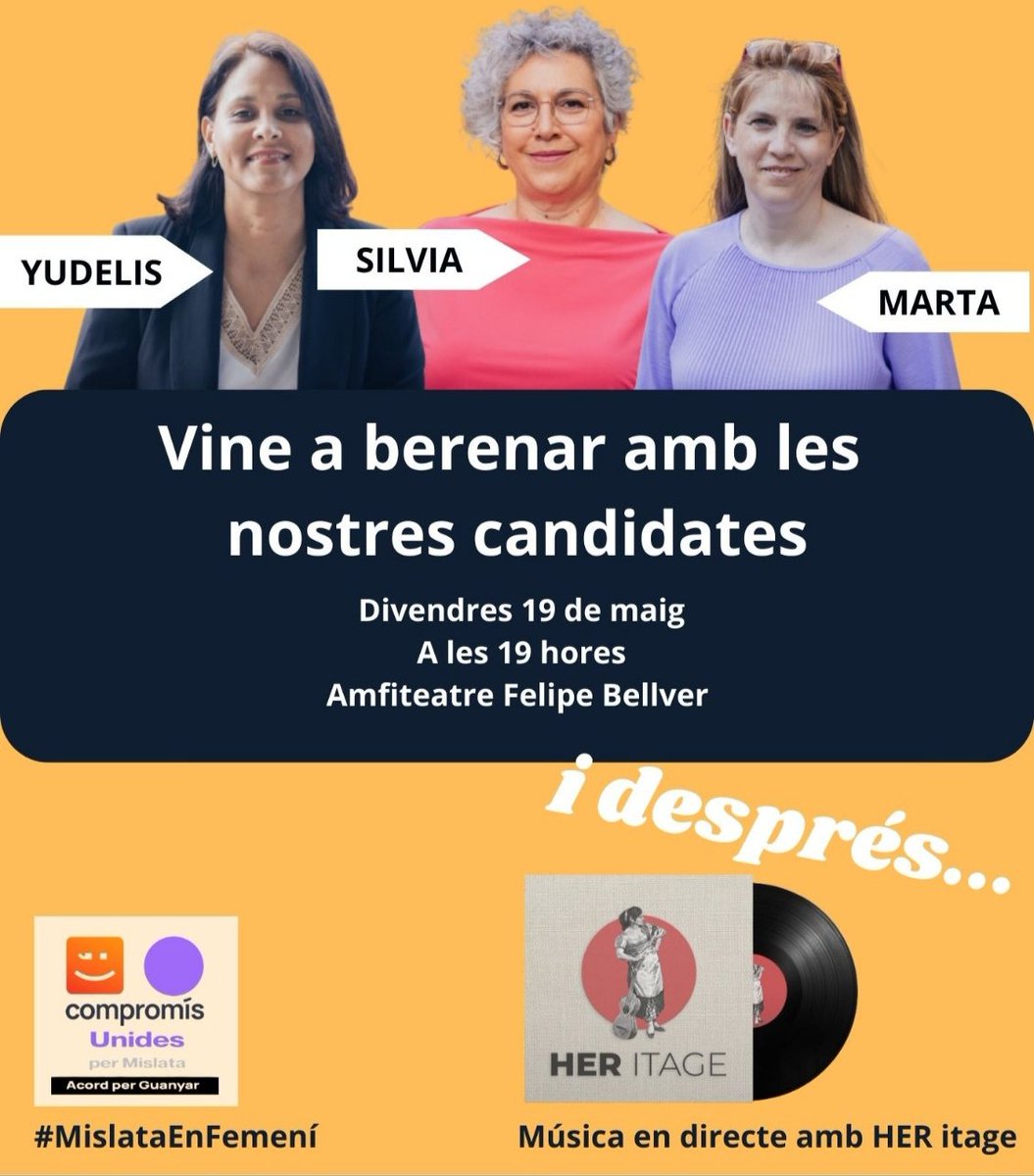 📅 Divendres 19
🕛 19:00 hores
📍 Anfiteatre de Felip Bellver

📣 Demá tens una cita per a berenar amb les candidates de Compromís  unides per Mislata.

🧡 Podrás conéixer-les de primera mà i parlar amb elles.

💜 Comptarem amb l'actuació en directe del grup Her Itage Música .