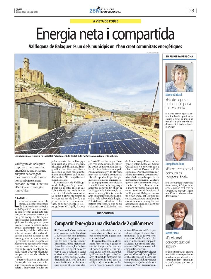 Poc a poc, a pesar dels obstacles i traves de l’oligopoli les #comunitatsenergetiques es van obrint pas a Ponent!
Un bon exemple el tenim a #VallfogonaBLG!!!  Hem iniciat aquest cami  gracies a l’ajuntament, la coopVallfogonina, la Renault  i la gent dels 3 pobles!
Força Energia!