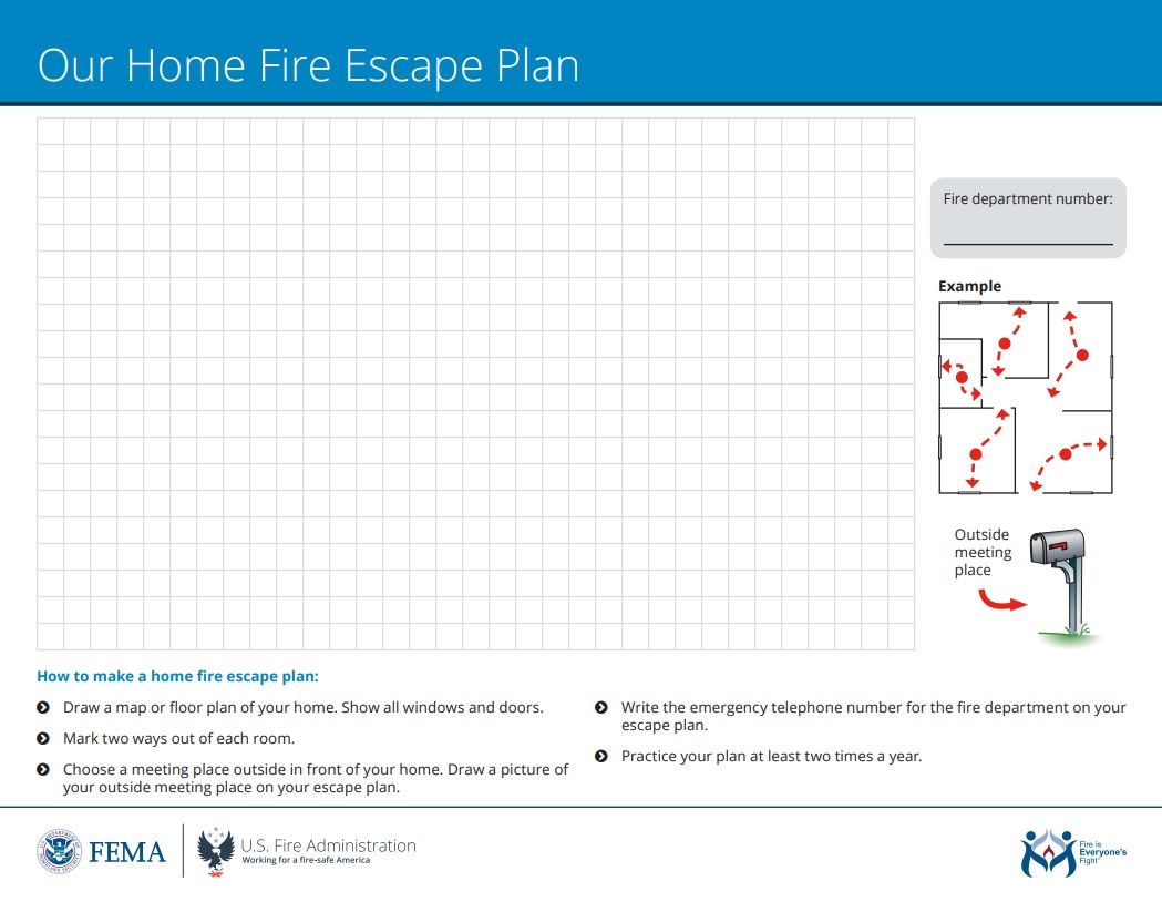 usfire's tweet image. BE aware that if you have a fire, you could have less than 2 minutes to escape. Use this home fire escape plan grid to plan your escape then practice it with everyone in your home. usfa.fema.gov/downloads/pdf/…  
#BeKnowDo #TwoMinutes
