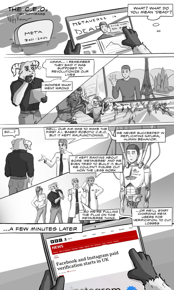 Hey #NiftyRams! After quite a long time without drawing, this is a small #cartoon to lighten up your day! I hope you'll enjoy it!😁
Drop a like and RT if you enjoy it✌️

#meta #metaverseisdead #metaverse #comicstrip