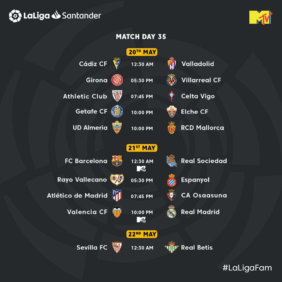 Save the dates! ⏰

This high-octane action is about to boggle your mind!

#LaLigaSantander #LaLigaOnMTV #KickoffLaLigaSantander #Schedulecard #LaLigaFam