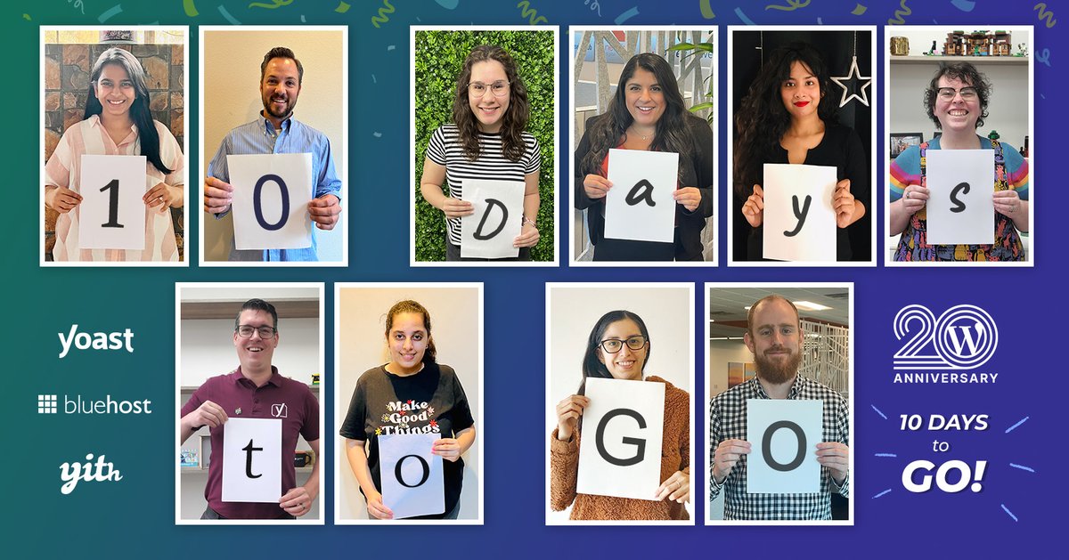 Only 10 days left until #WordPressBirthday!🎂 How are you going to celebrate? The team at YITH, <a href="/bluehost/">Bluehost</a>, and <a href="/yoast/">Yoast</a> are very excited to share this celebration. Thanks to everyone who has made these 20 years possible! #TogetherForWP20 #WP20 #WordPress