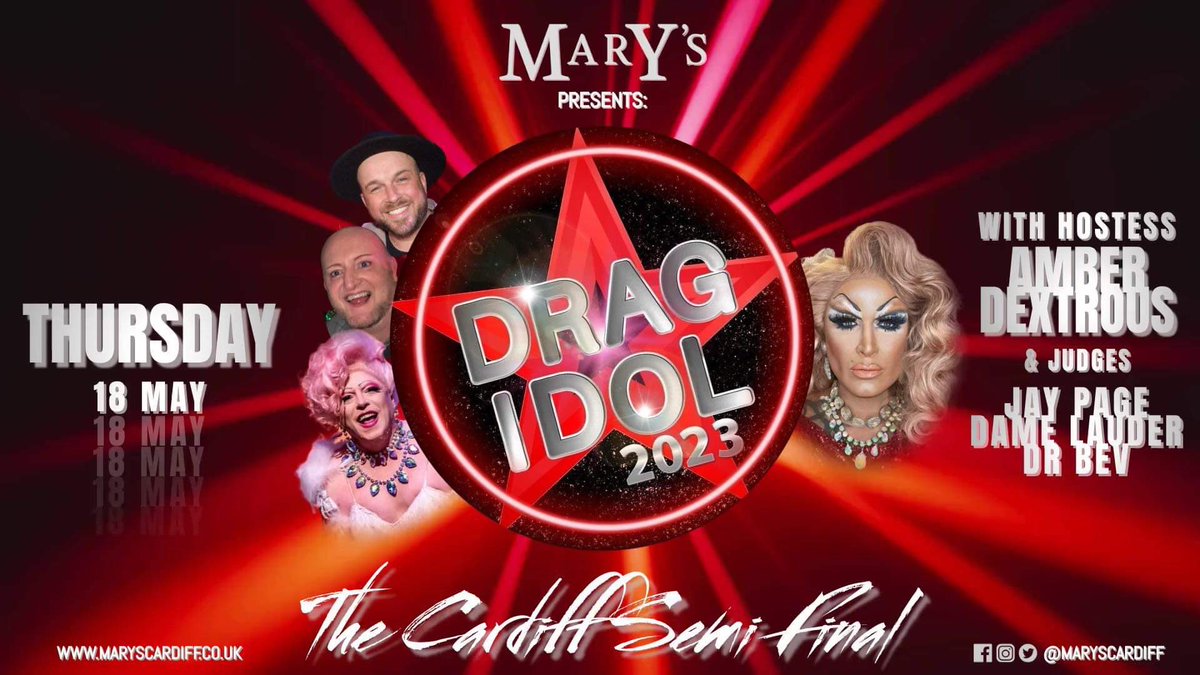 ⭐️ DRAG IDOL SEMI FINAL ⭐️

👸🏼 Hosted by Cardiff legend Amber Dextrous 

🤴🏻 Your weekly judge Jay Page &amp; Dame Lauder
👑 Special Guest Judge Dr Bev <a href="/RJK1701/">Rob (sometimes known as Dr Bev)</a> 
🪩 DJ Gav

⏰ Doors 6PM
💃 Showtime 8:30PM
🪩 Dance all night long with DJ Gav after the show

Good luck 🤞@ukdragidol