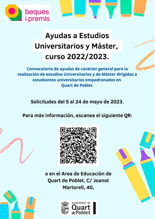 L'Ajuntament  de Quart de Poblet convoca, a  través de la seua Regidoria d'Educació, una sèrie de ajudes per a la  realització d'estudis Universitaris i de Màster dirigides a estudiants  universitaris empadronats a #QuartdePoblet

👉Més  info en:  quartdepoblet.es/areas/educacio…