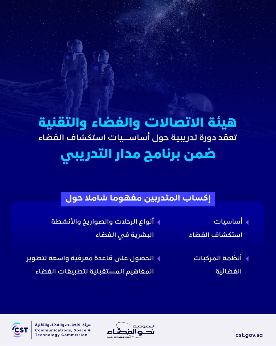 CST_KSA's tweet photo. #هيئة_الاتصالات_والفضاء_والتقنية تعقد دورة تدريبية حول أساسيات استكشاف الفضاء، ضمن برنامج مدار التدريبي بهدف تمكين القدرات الوطنية في علوم الفضاء وإعداد كوادر تصنع مستقبل قطاع الفضاء في المملكة.

https://t.co/WvGjt0Xzpu 
#نحو_الفضاء https://t.co/uYud5DKV7A