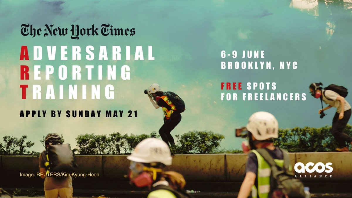 📢A reminder: <a href="/nytimes/">The New York Times</a> are partnering with ACOS to open up their in-house safety training in NYC to a limited number of freelancers. This 4-day A.R.T  School in June will help journalists more safely pursue aggressive, adversarial reporting. 
Info &amp; apply: bit.ly/3Mh9R1x