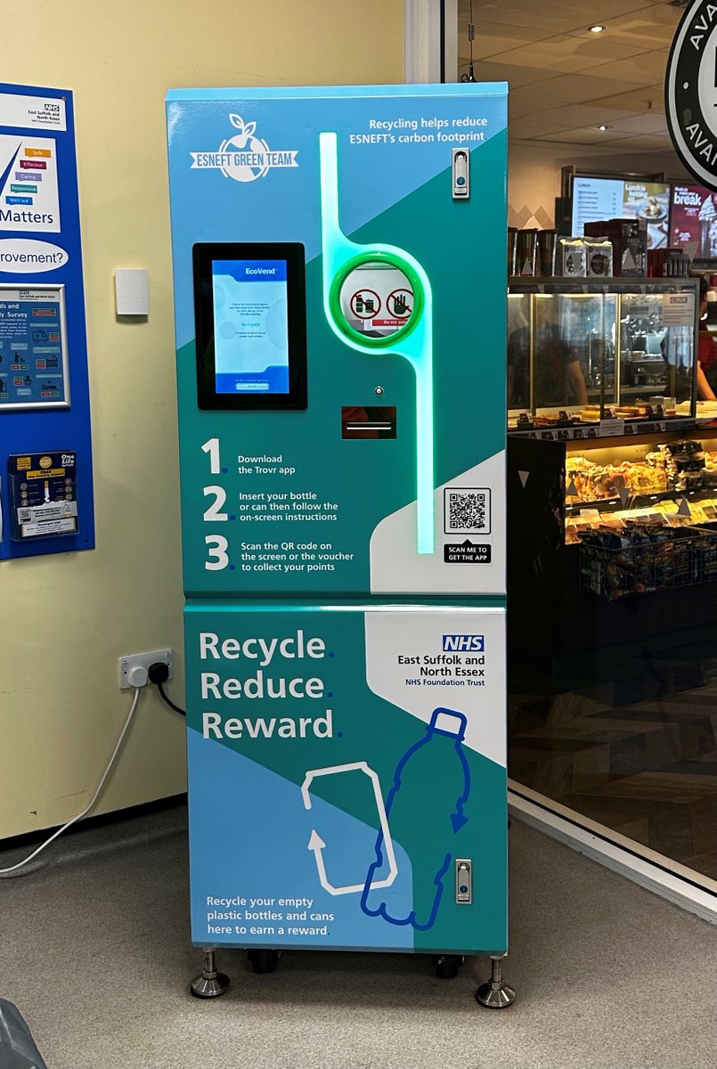GreenerESNEFT's tweet photo. Our new Reverse Vending Machine is up an running at Ipswich Hospital! ♻️
This machine is one of the many ways we are tackling the large amount of waste we produce. It will reduce the waste volume of plastic bottles and cans by 75%. 
You will also be rewarded for recycling! https://t.co/4IWHE3NZKH