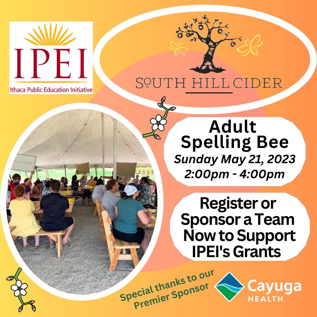 Support IPEI’s grants programs and make a bee-line to sign up before Sunday’s event @SouthHillCider 
Bee a speller, spectator or sponsor.

#IthacaPEI #ipeispellingbee #adultspellingbee #ithacaschools #twithaca