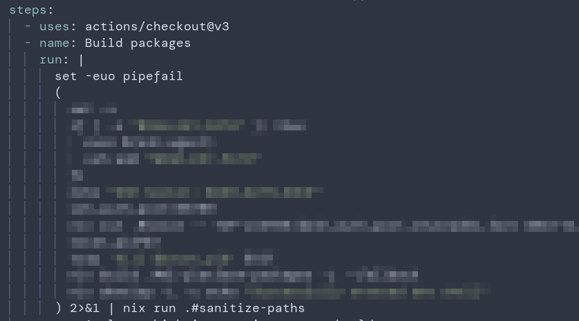 Big QoL improvement for our Nix CI: piping all output through
sed -E 's#/nix/store/([a-z0-9]{5})[a-z0-9]{27}-([a-zA-Z0-9+?=._-]+)#<\2_\1>#g'

It renders store paths as <python-3.10_0a1b2>, making it a lot less intimidating esp. to non-Nix folk