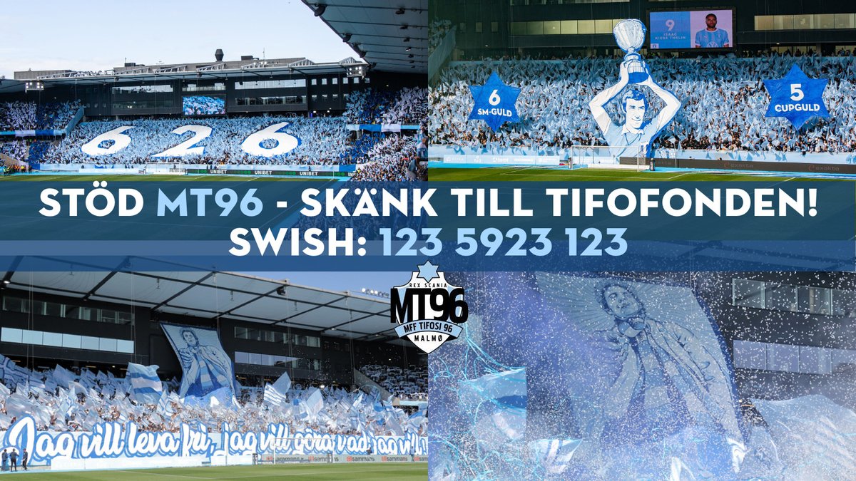 I samband med söndagens match mot BK Häcken kommer MT96 stå i samtliga ingångar på Stadion och samla in pengar till tifofonden. 
Vårens arrangemang har varit kostsamma, och nu behöver vi fylla på kassan inför resten av säsongen. 
Vill ni se mer tifo på Malmöläktaren - stöd MT96!