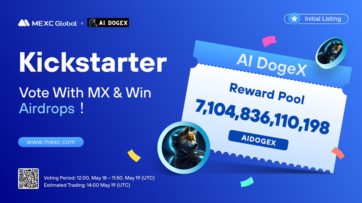 MEXC's tweet photo. The @AIDogeX_ Kickstarter is coming to @MEXC_Global!     

🗳️Vote with $MX to support the #AIDOGEX listing and sharing 7,104,836,110,198 #AIDOGEX
⏰Voting period: 12:00 May 18 - 11:50 May 19 (UTC)   
📈Trading: 14:00 May 19 (UTC)

Details: https://t.co/SNbQ4JEk8L https://t.co/B1rhlsGcyf