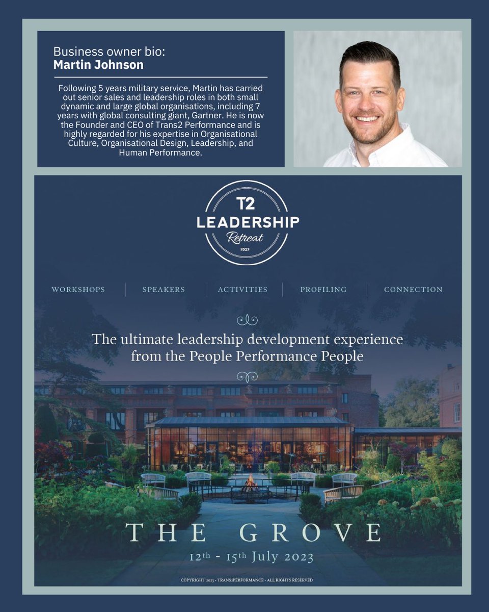 The T2 Leadership Retreat 2023; the ultimate leadership development experience from the People Performance People.

View T2 Retreat pages in the latest edition of @TheBCHull Y&H publication 📖

To find out more please contact Help@trans2performance.com