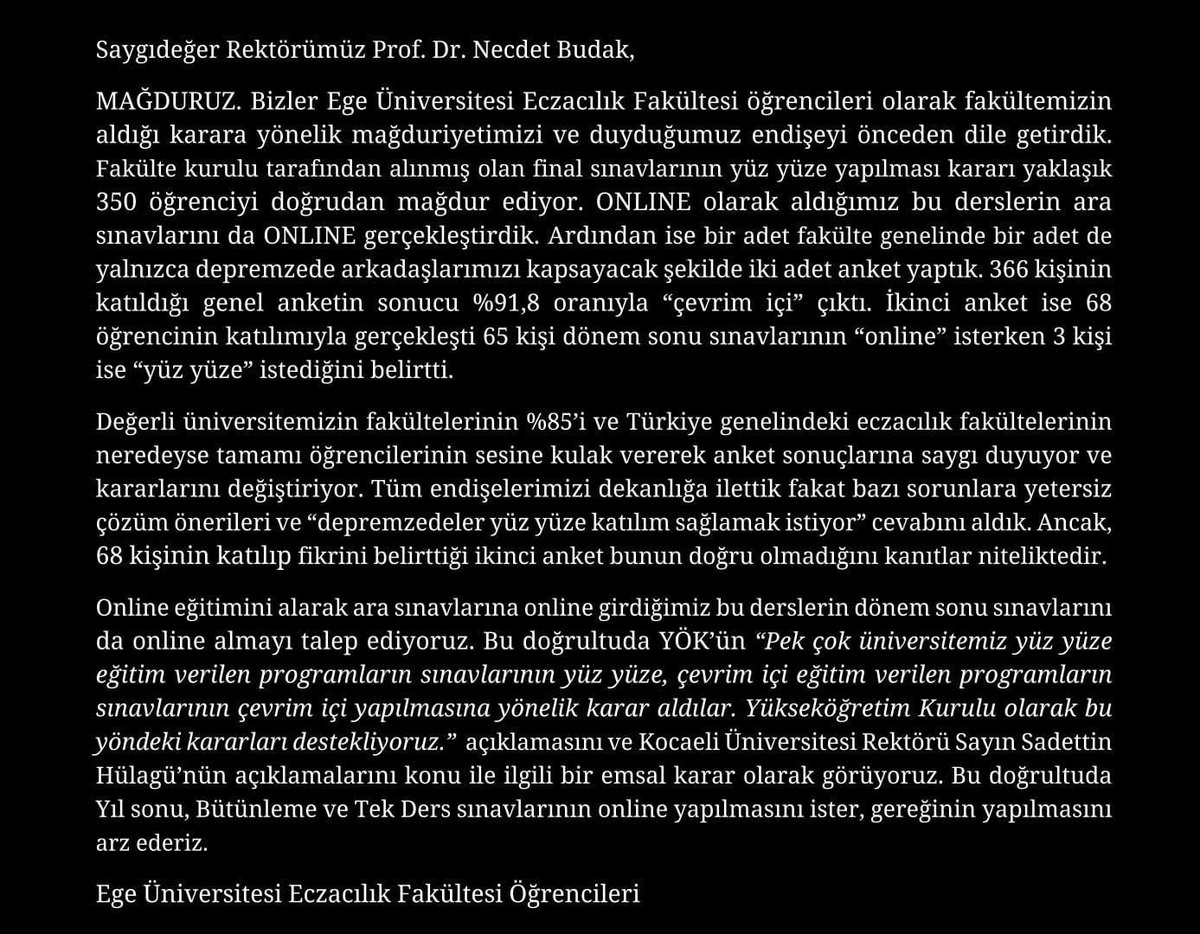 Yüzlerce öğrenci MAĞDURUZ !
ONLINE eğitime ONLINE sınav istiyoruz !
#egeeczfinalleronline
#egeeczacilikfinalonline
#FinallerOnline
#finallerionlineistiyoruz
#egelilermagdur
#egeonlineistiyor
#FinallerOnlineOlsun
#eueffinalleronline
#finalonline
#finalleronline