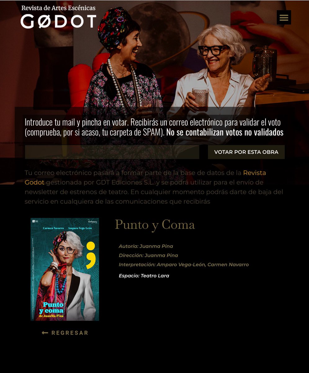 Felices de esta nominación!! 😍 nos puedes votar 👉 premios.revistagodot.com/obras/punto-y-… <a href="/teatrolara/">Teatro Lara</a> @carmennavarrog <a href="/JuanMaPina/">JuanMa Pina</a> <a href="/jcamblor/">Juan Camblor</a> <a href="/afuentes/">Antonio Fuentes</a>