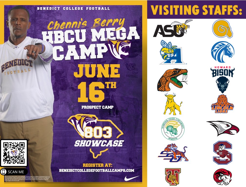 Go Tigers!

The Jungle is heating up! 

We confirmed 2 more HBCU staffs for June 16th! Class of 24, 25, 26, and 27 prospects pull up and show out! 

We currently have 15 HBCU staffs confirmed with more coming. 

Pre-Register here👇benedictcollegefootballcamps.com