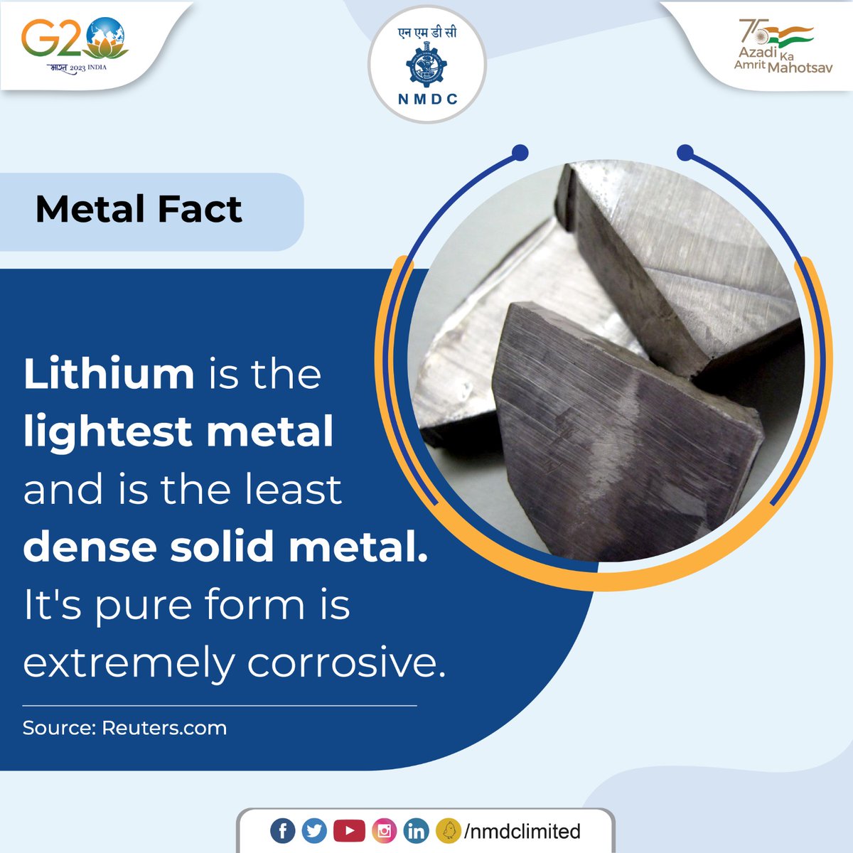 nmdclimited's tweet photo. Lithium is the lightest element and can actually float on water. Because it reacts with air and water, the metal is stored under oil or enclosed in an inert atmosphere.
#NMDC #Lithium #Metalfact #LithiumFact #Miners https://t.co/iYpiyHmFcp
