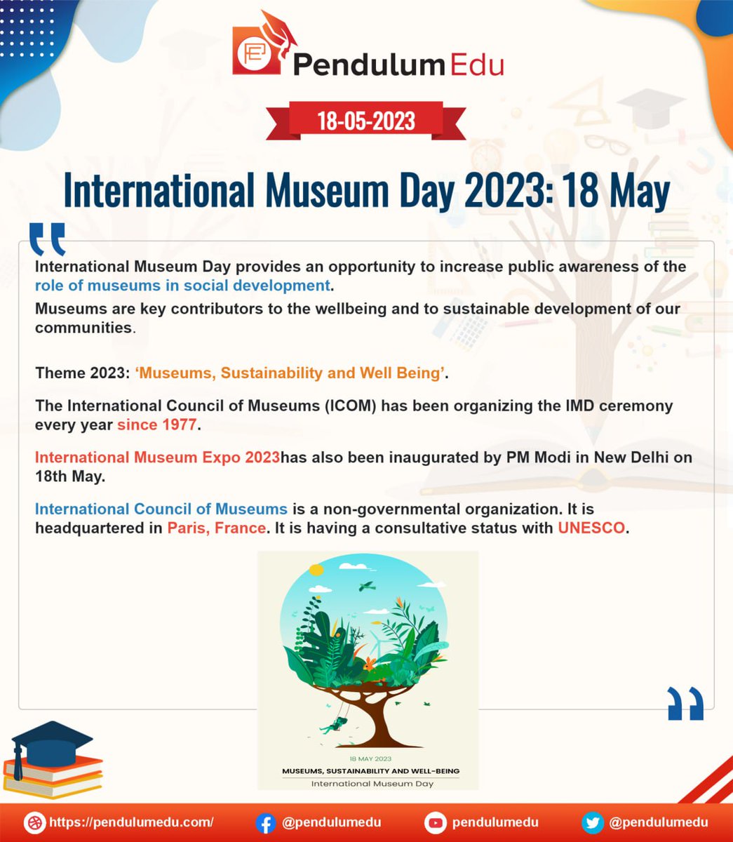 International Museum Day 2023 is being observed on 18 May 2023
#internationalmuseumday #internationalmuseumday2023 #museumday #museumday2023 #sustainability #internationalcouncilofmuseum #pendulumedu #dailygk #importantdays #unesco #museum #dailyfacts #dailylearning #knowledge