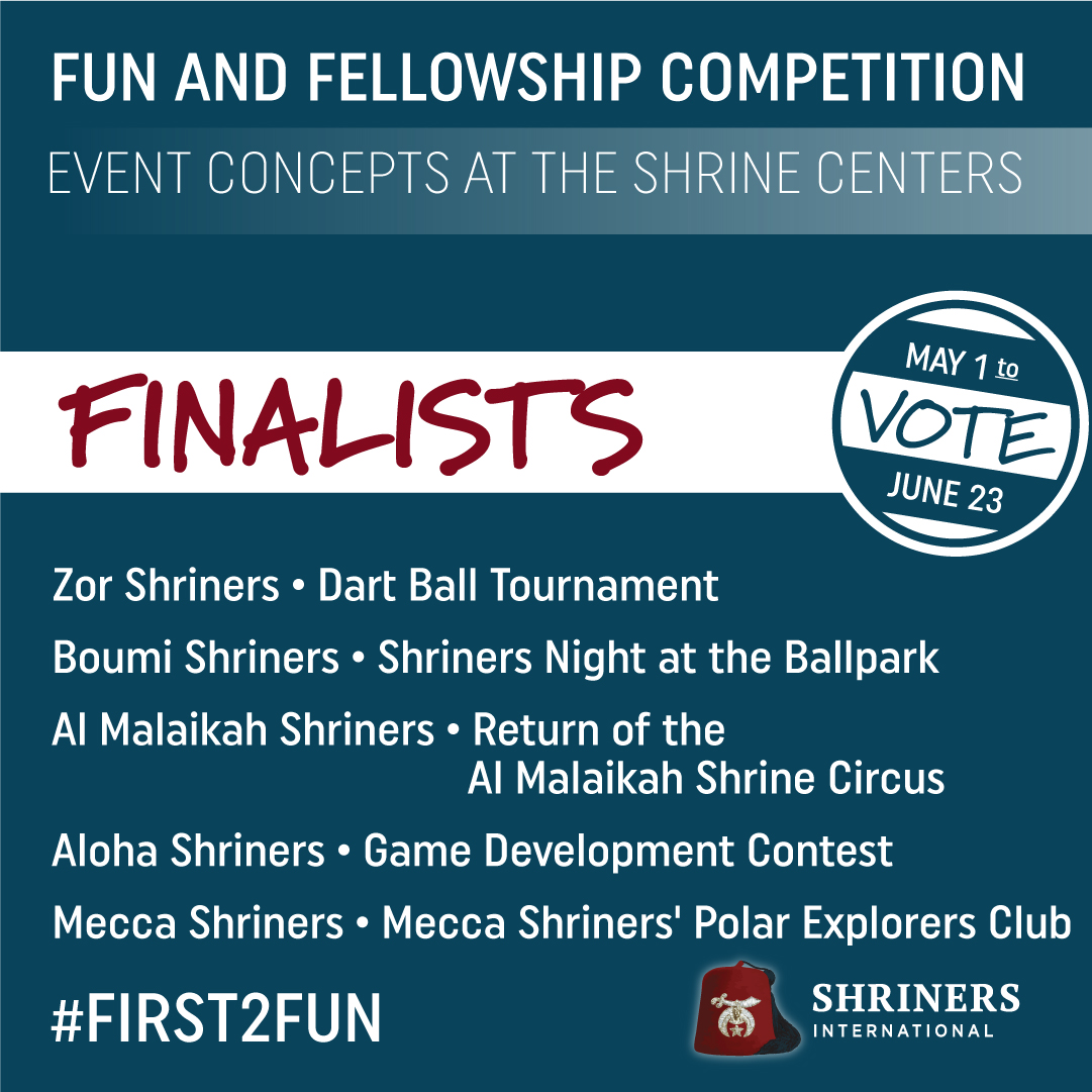 shriners's tweet photo. 📢 Vote now for your favorite finalist in the Fun & Fellowship Competition! https://t.co/YlKwAPsfcB
#Shriners #First2Fun #Fun #Fellowship https://t.co/hvOg4G5J6M