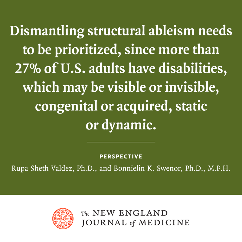 NEJM's tweet photo. People with disabilities face inequities in social determinants of health, health care access and quality, and the impact of global crises, all of which compound the harms to the disability community. https://t.co/PZTEjxpdhi
