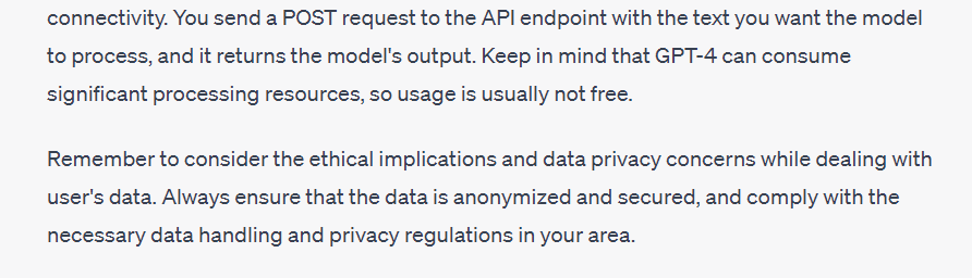 Finally seeing ChatGPT suggesting OpenAI products as well as others (yesterday it was still suggesting using 🤗's BERT for embeddings). Also good to see new 'warning' message in response🙌. Not so sure about the 'usually' not free for GPT4🤔 - is it ever free? #GPT4  #ChatGPT