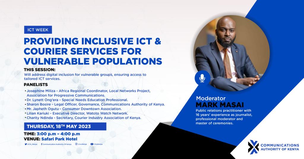 PANEL DISCUSSION | Providing inclusive ICT services for vulnerable populations is not just a moral imperative, but also a policy priority. The #ICTWeekKE examines the issues around digital inclusivity for all. #digitalpolicy #DigitalInclusionKE
@CA_DGOfficial