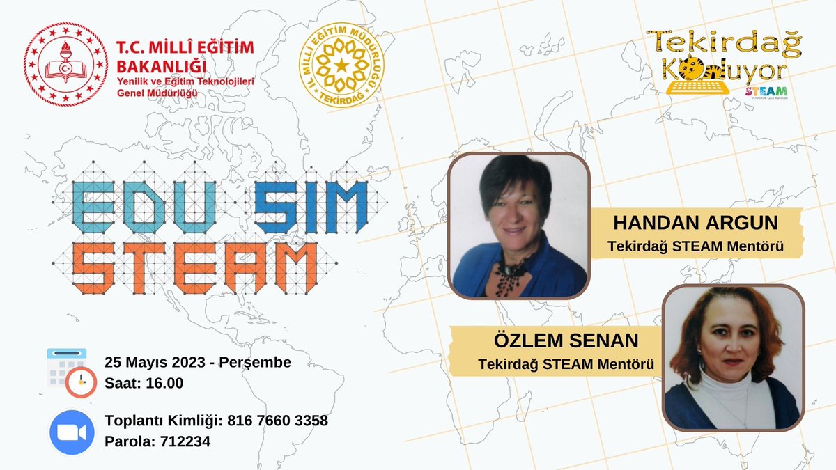🏁STEAM eğitimi mentörü öğretmenlerimiz tarafından EDUSIMSTEAM projesi hakkında eğitim yöneticilerimiz ve öğretmenlerimize yönelik 25 Mayıs 2023 Perşembe günü saat 16.00’da çevrim içi seminer gerçekleştirilecektir. 
(Seminer 90 kişi ile sınırlıdır.)

<a href="/ersanulusan/">Ersan Ulusan</a>   <a href="/tekirdagmem/">Tekirdağ İl Millî Eğitim Müdürlüğü</a>