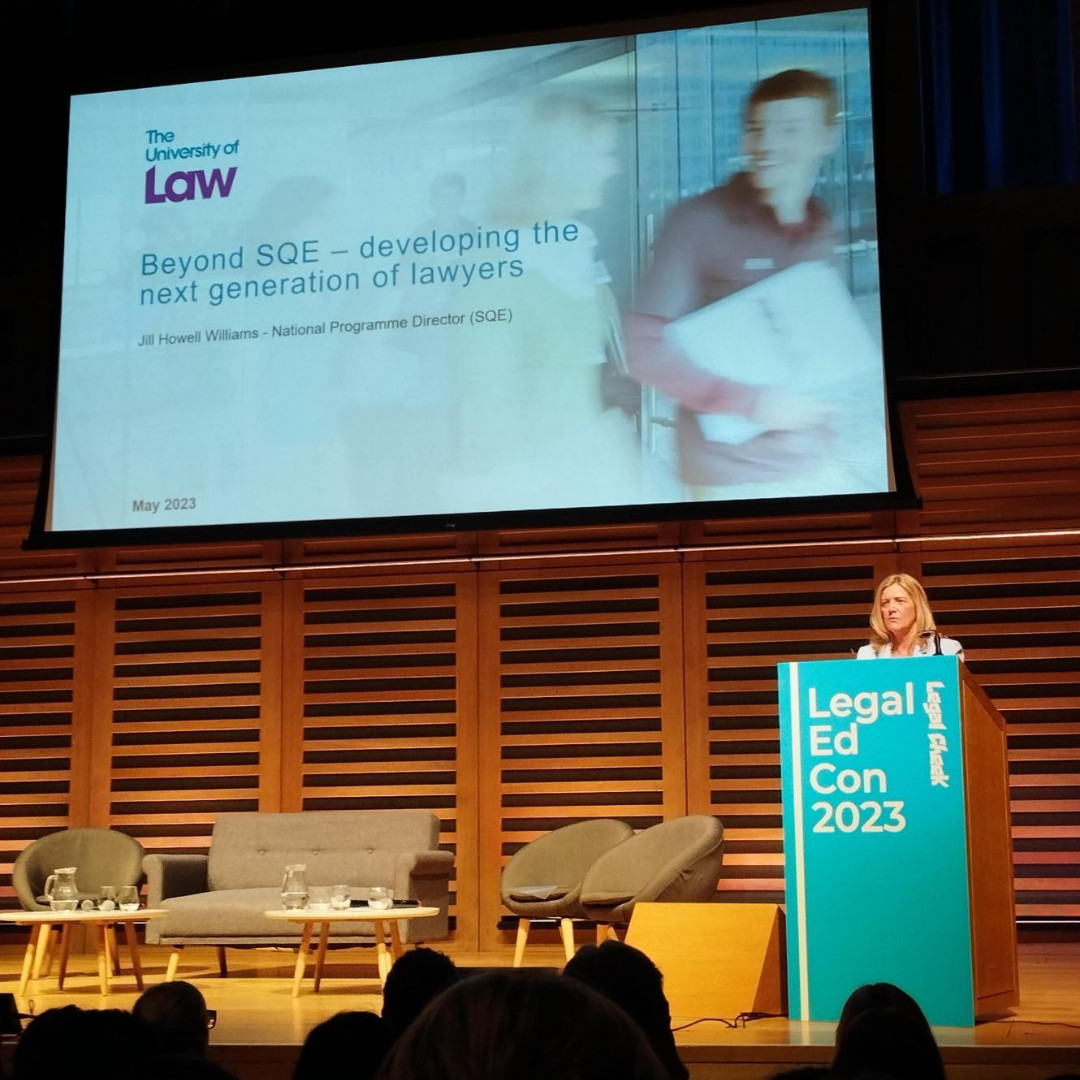 UniversityofLaw's tweet photo. Our SQE National Programme & Student Affairs Director, Jill Howell-Williams is now on stage at #LegalEdCon for the afternoon session exploring the SQE. https://t.co/TwmNbK6Jq0