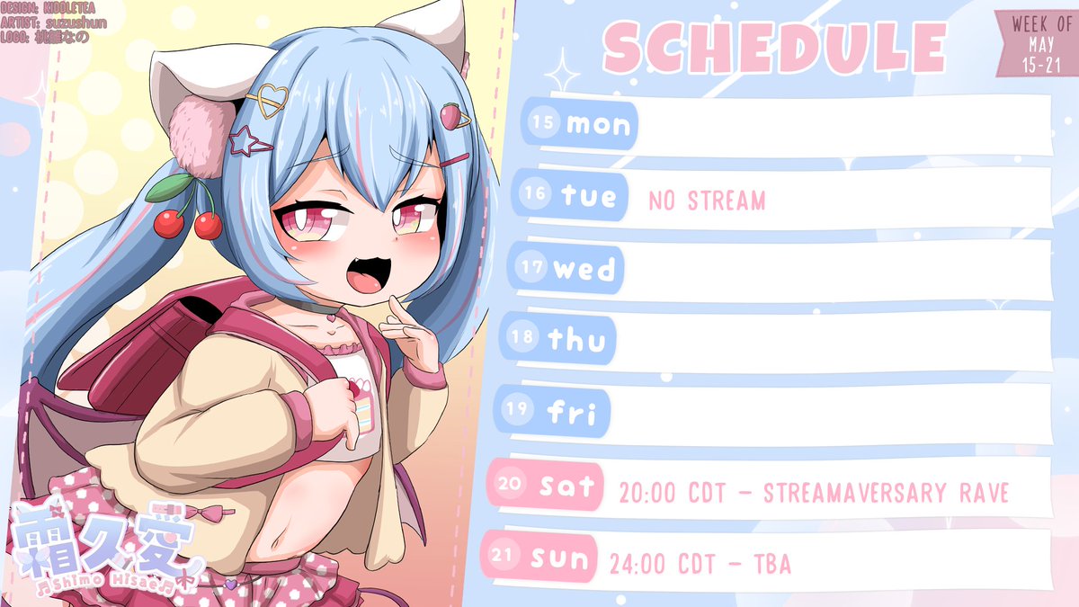ShimoHisae's tweet photo. 💙Schedule for the 3rd week of May!!🎀
This Saturday is my streamaversary~ so special early/long dj stream!
 
Art # ShimoArt
🔞 # ShimoInHeat
Twitch: https://t.co/6m4YlZ1a4M
Discord: https://t.co/dsHvltU841 https://t.co/ZYvznyByDr