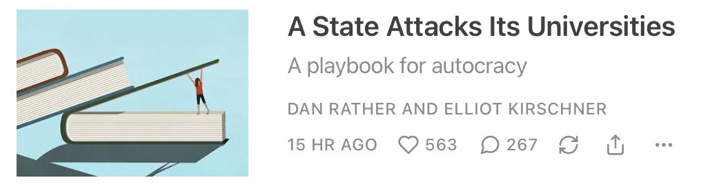 DanRather's tweet image. "The crowd that countenances racism, denigrates science, and undermines democratic values is eager to remake higher education to serve their craven interests. They are weakening their states and our nation in the process." bit.ly/43q2Rqj