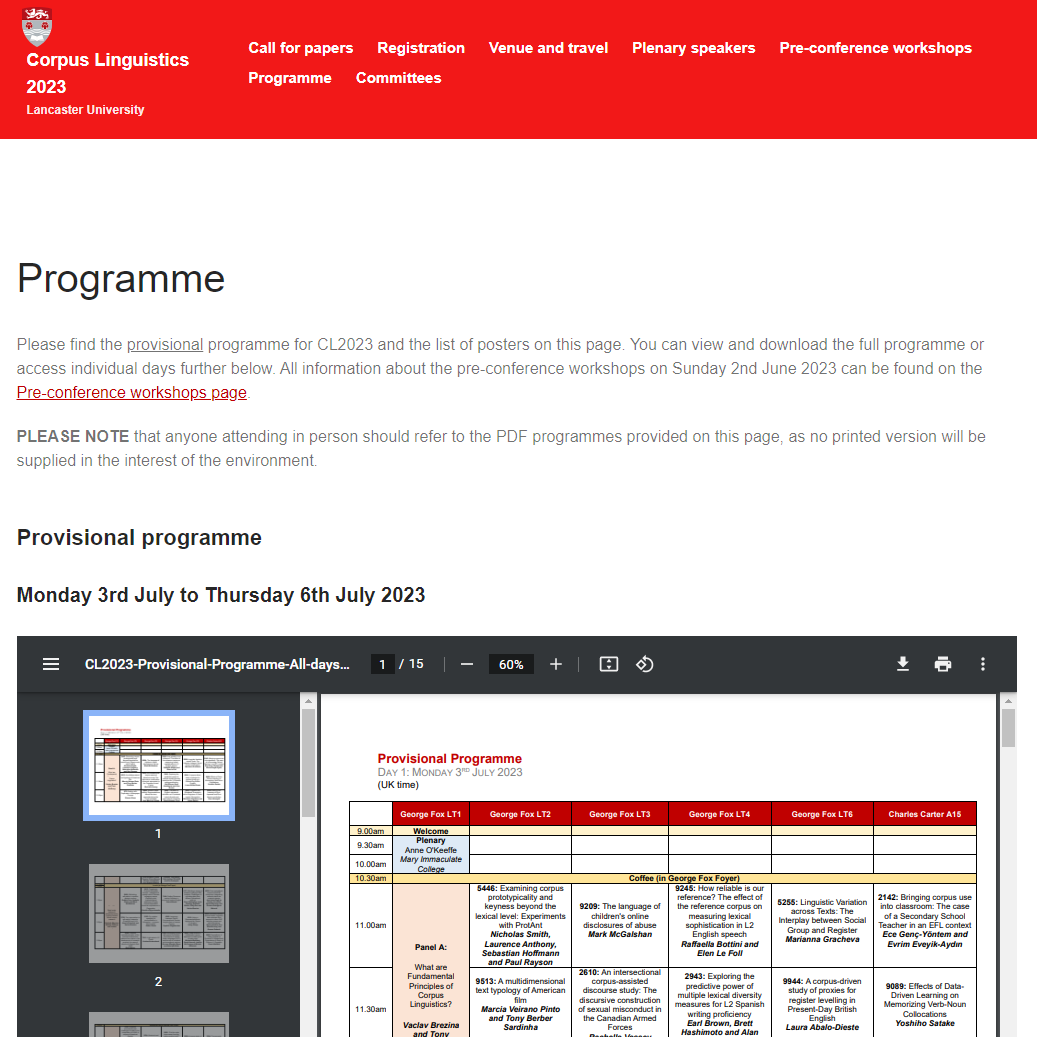 The provisional #cl2023 Conference programme is now available to view: wp.lancs.ac.uk/cl2023/program… 
 
Reminder: we are also offering a series of pre-conference workshops, free to registered attendees: wp.lancs.ac.uk/cl2023/pre-con…