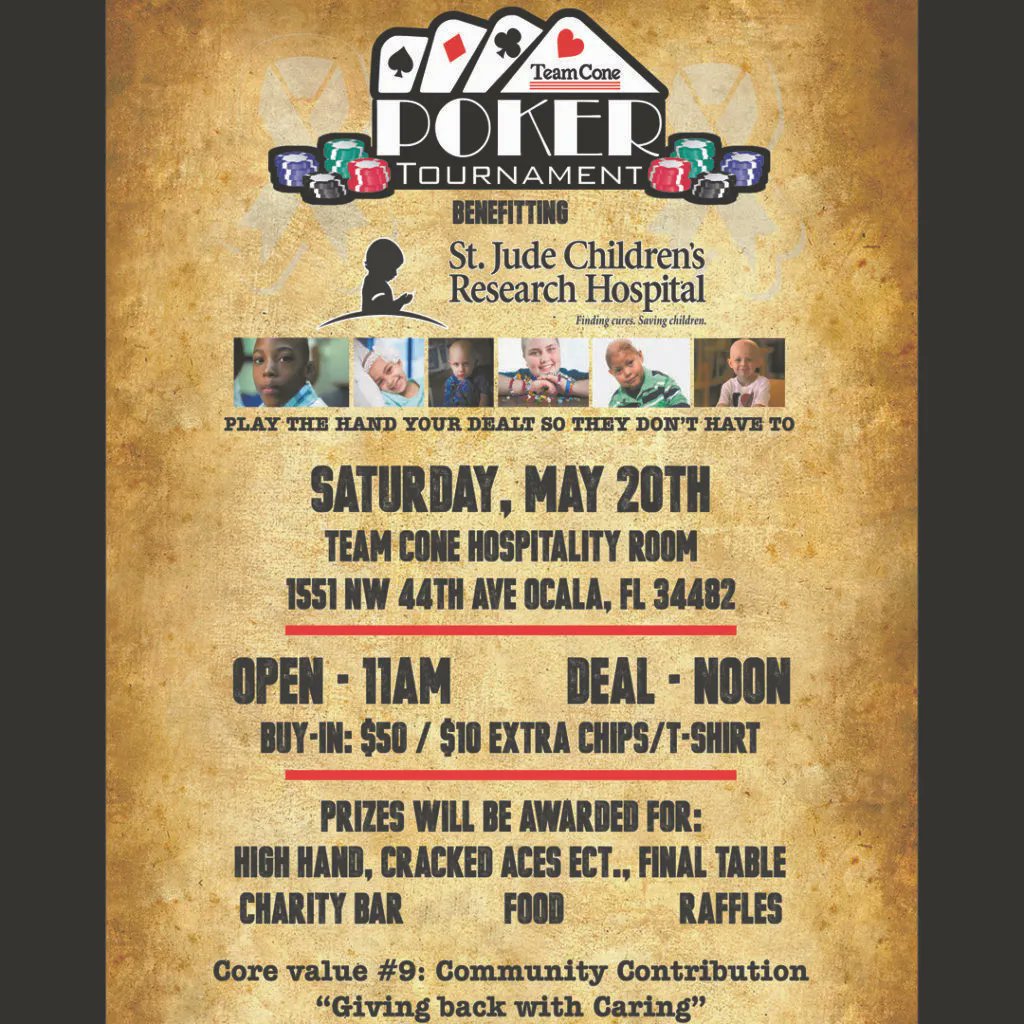 Reminder: Our Poker Tournament to benefit St. Jude is happening Sat. 5/20! 
Do you have what it takes to go to the Final Table? 
Join us! Open at 11am; Deal at Noon; $50 buy-in! 
Visit cone.beer/3plQQmK for more info.