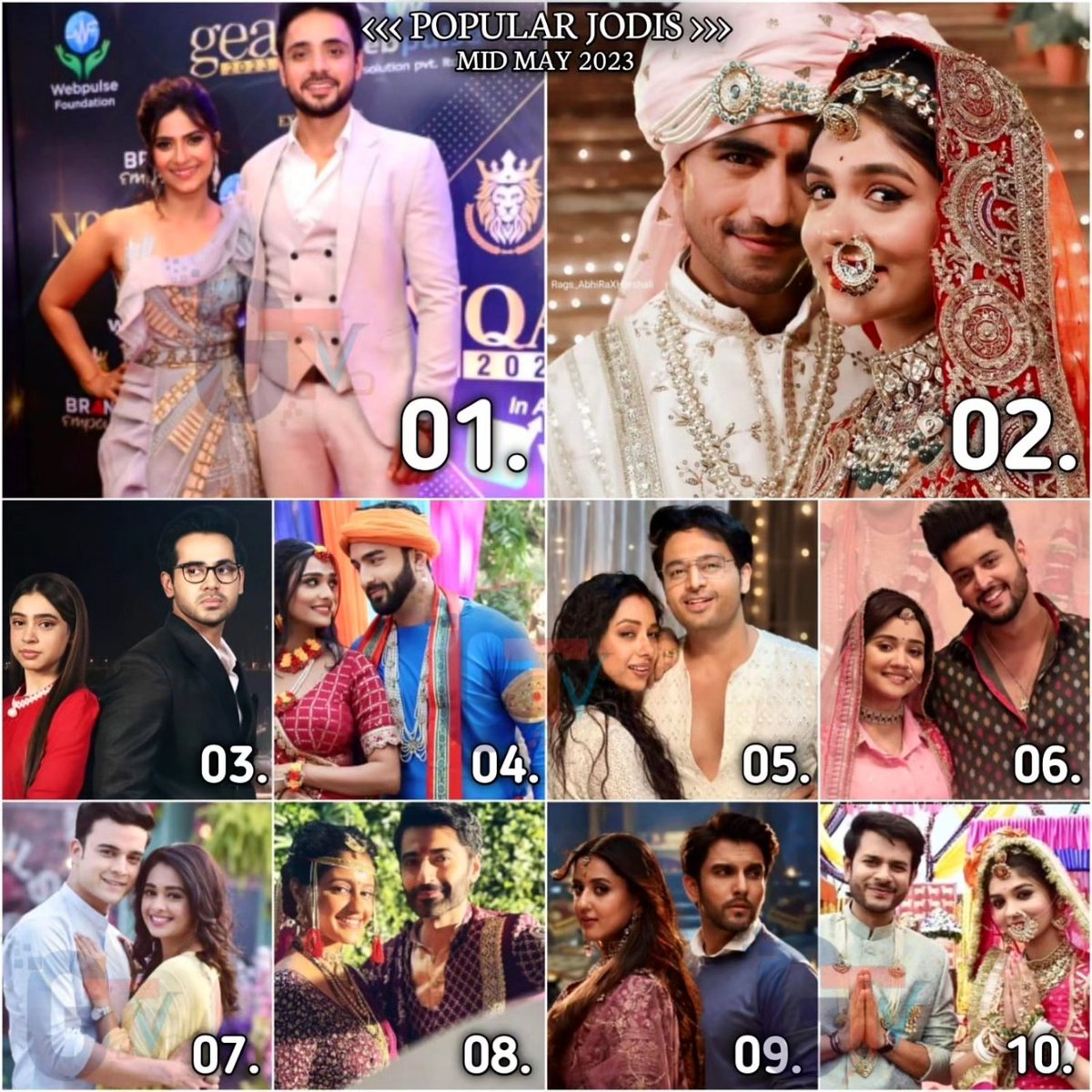 TOP 10 JODI'S (full list on Inst@)
MID MAY 2023

1.#KaviAan              7.#Pranbir 
2.#Abhira                 8.#SaiYa
3.#Prarag                 9.#DhruvTaara 
4.#RishMi                10.#Akshnav 
5.#MaAn                   
6.#MeetManmeet  

@GossipsTv
#GTVRanking